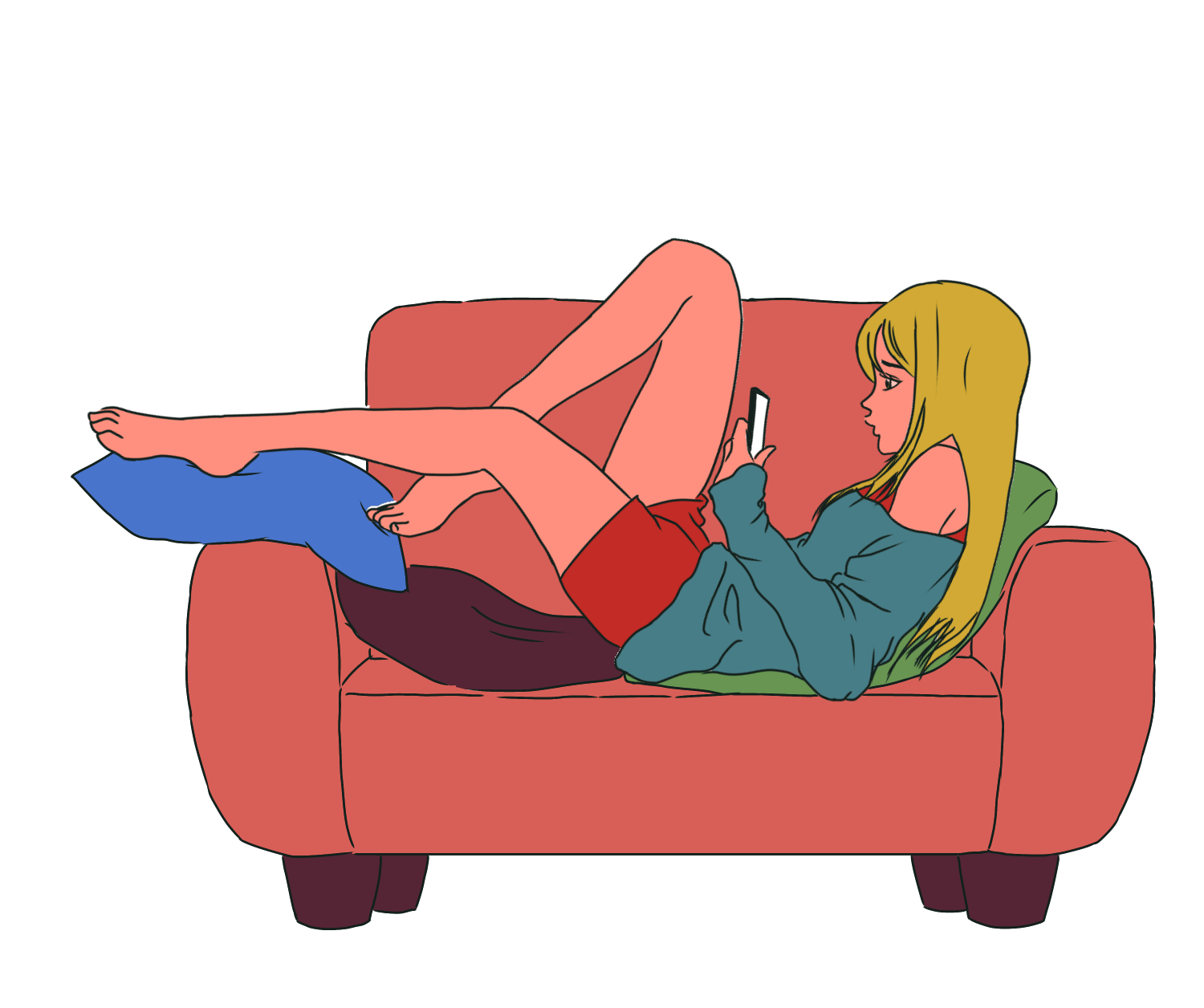 women 女性 ソファでスマホを見る ソファで寝る イラスト