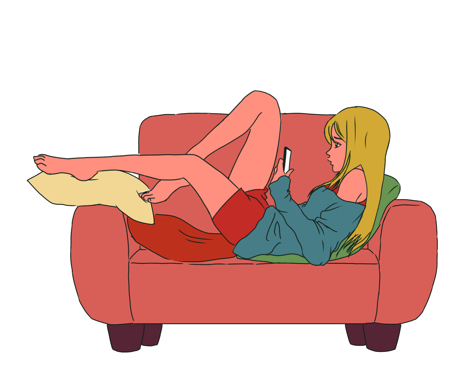 women 女性 ソファでスマホを見る ソファで寝る イラスト