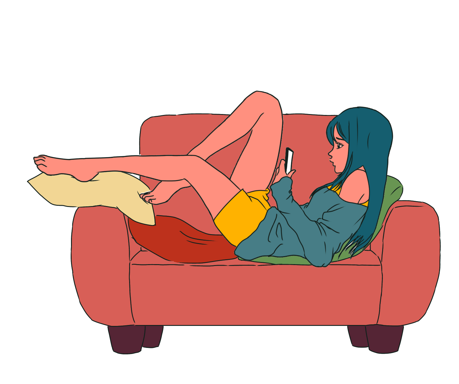 women 女性 ソファでスマホを見る ソファで寝る イラスト