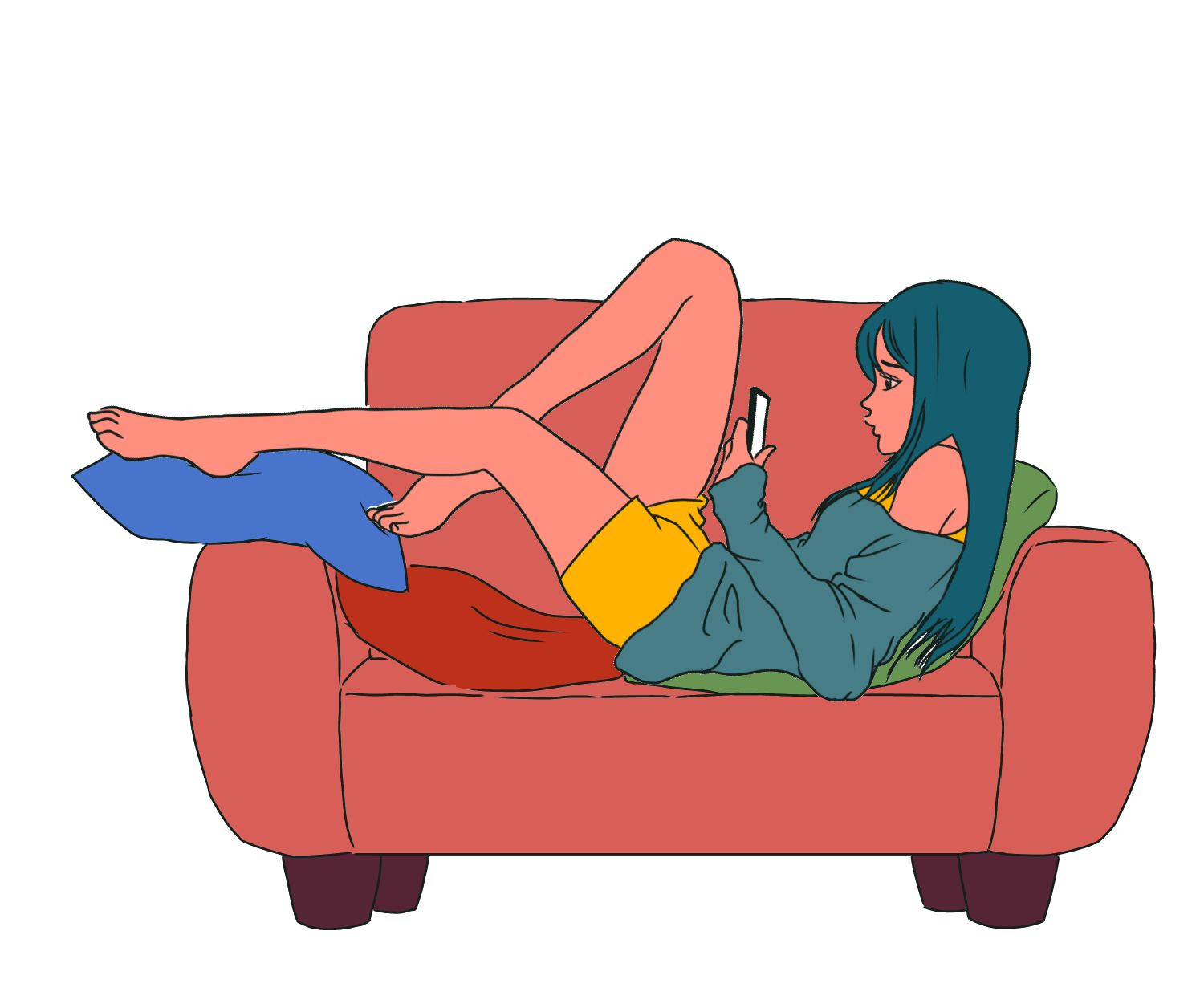 women 女性 ソファでスマホを見る ソファで寝る イラスト