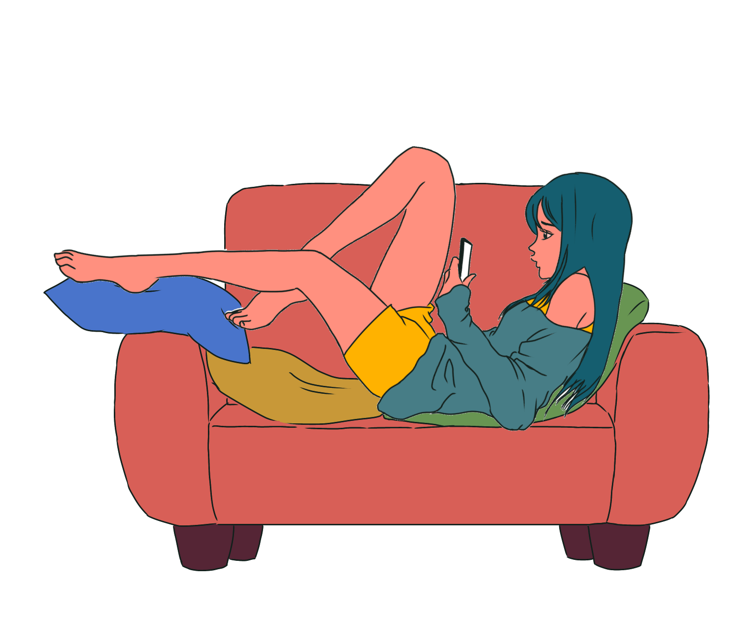 women 女性 ソファでスマホを見る ソファで寝る イラスト